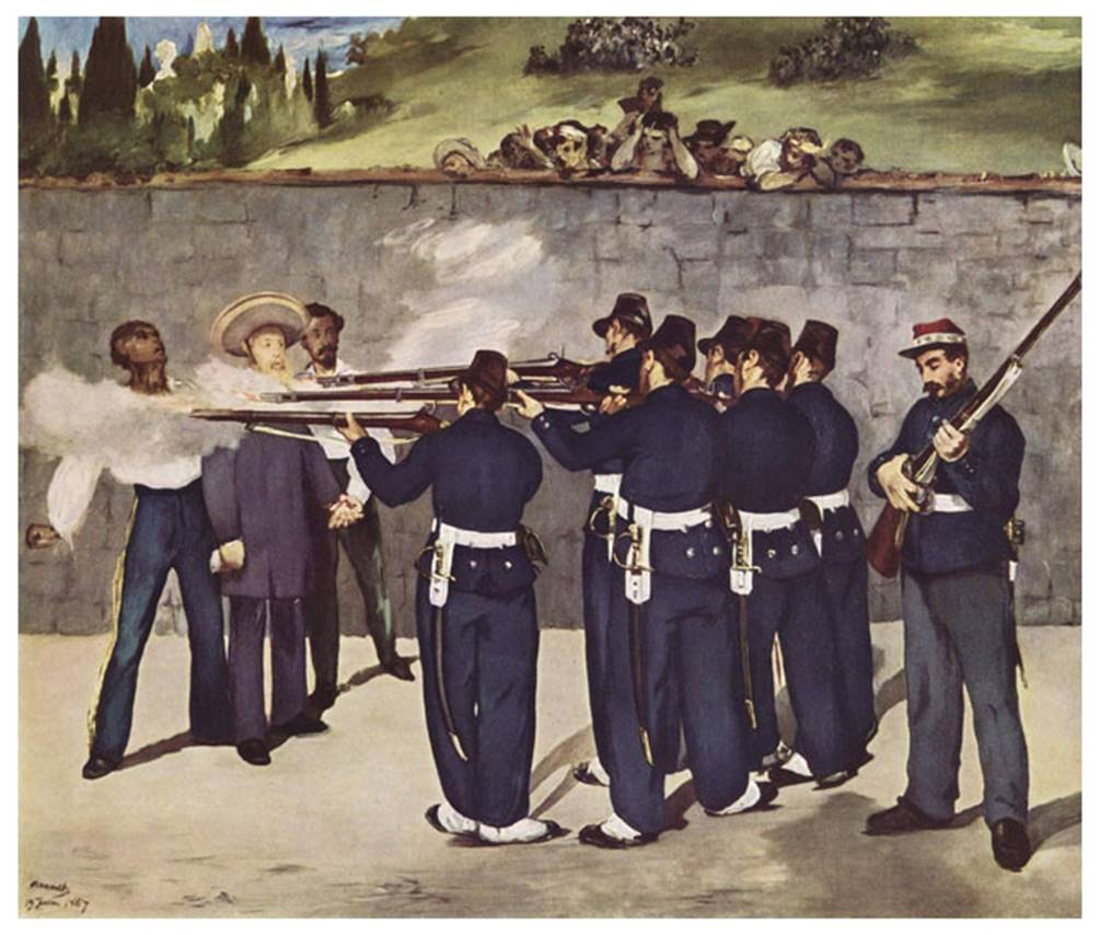 İmparator Maximilian'ın İnfazı, Édouard Manet, 1868-69 (üçüncü ve son versiyon). Eser, I. Maximilian'ın Meksikalı Cumhuriyetçiler tarafından kurşuna dizilerek infaz edilmesini anlatmaktadır. Maximilian, üç yıl boyunca Fransa İmparatoru III. Napolyon'un ordularının koruması altında Meksika'yı yönetmişti. Napolyon Maximilian'a verdiği sözleri tutmayarak ordusunu geri çekince Cumhuriyetçiler yönetimi ele geçirdiler ve 1867 yılında Maximilian ve yardımcılarını infaz ettiler. Manet’nin amacı Meksika’yı değil Fransa’yı suçlamaktır. Cumhuriyetçilerin bir imparatoru infaz etmesini gösteren bu tablo Fransa'da hoş karşılanmadı ve sergilenmesine izin verilmedi. Bu nedenle Manet (1832-1883), tablosunu bir süre kendi evinde sergiledi. Manet’nin Goya'nın Madrid'de 3 Mayıs 1808 isimli tablosundan etkilendiği, bu eserin de Picasso'nun Guernica adlı tablosuna esin kaynağı olduğu söylenir. Fotoğraf: leblebitozu